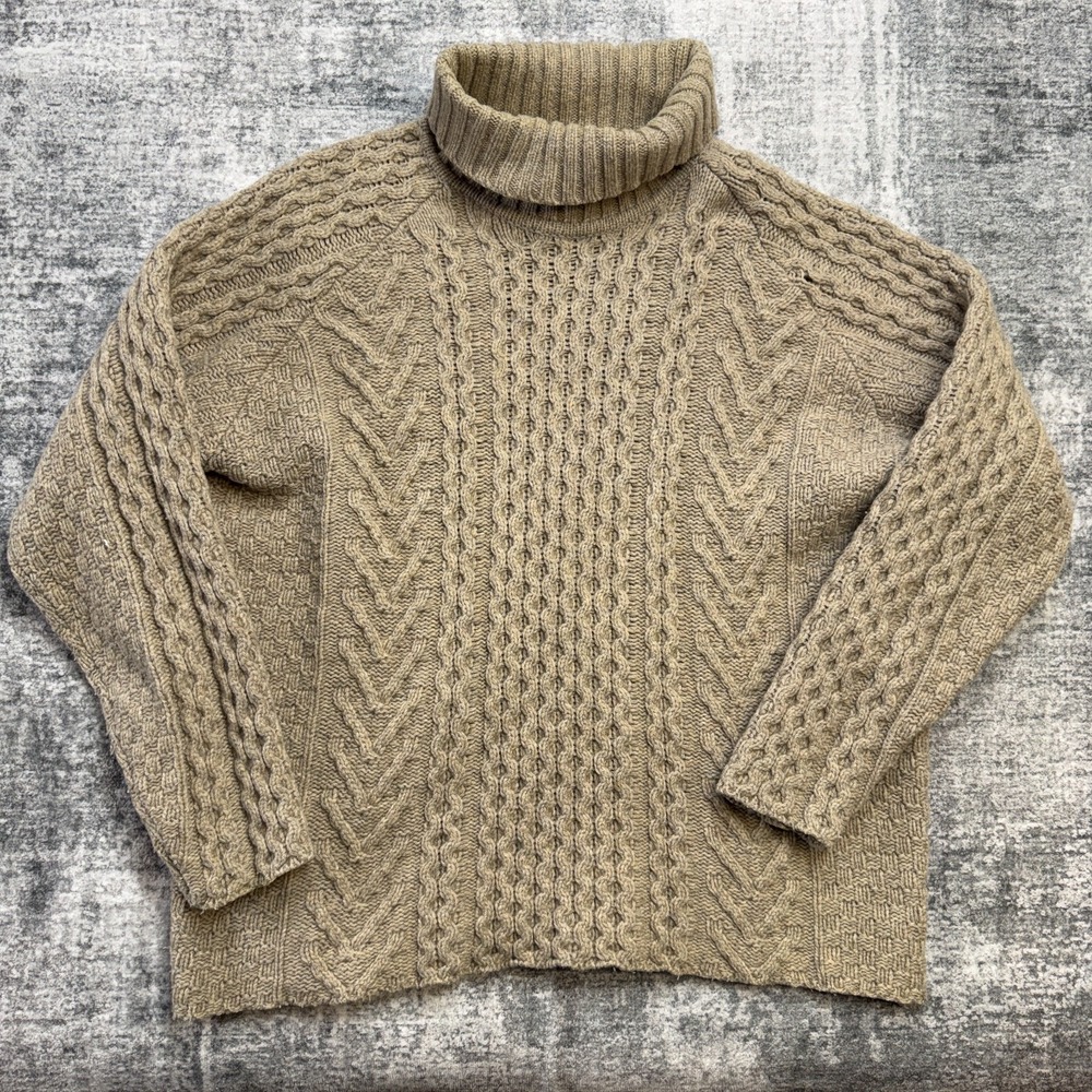 Vintage EMS Sweater Womens XL Beige Cable Knit Fisherman Turtleneck Lambs Wool